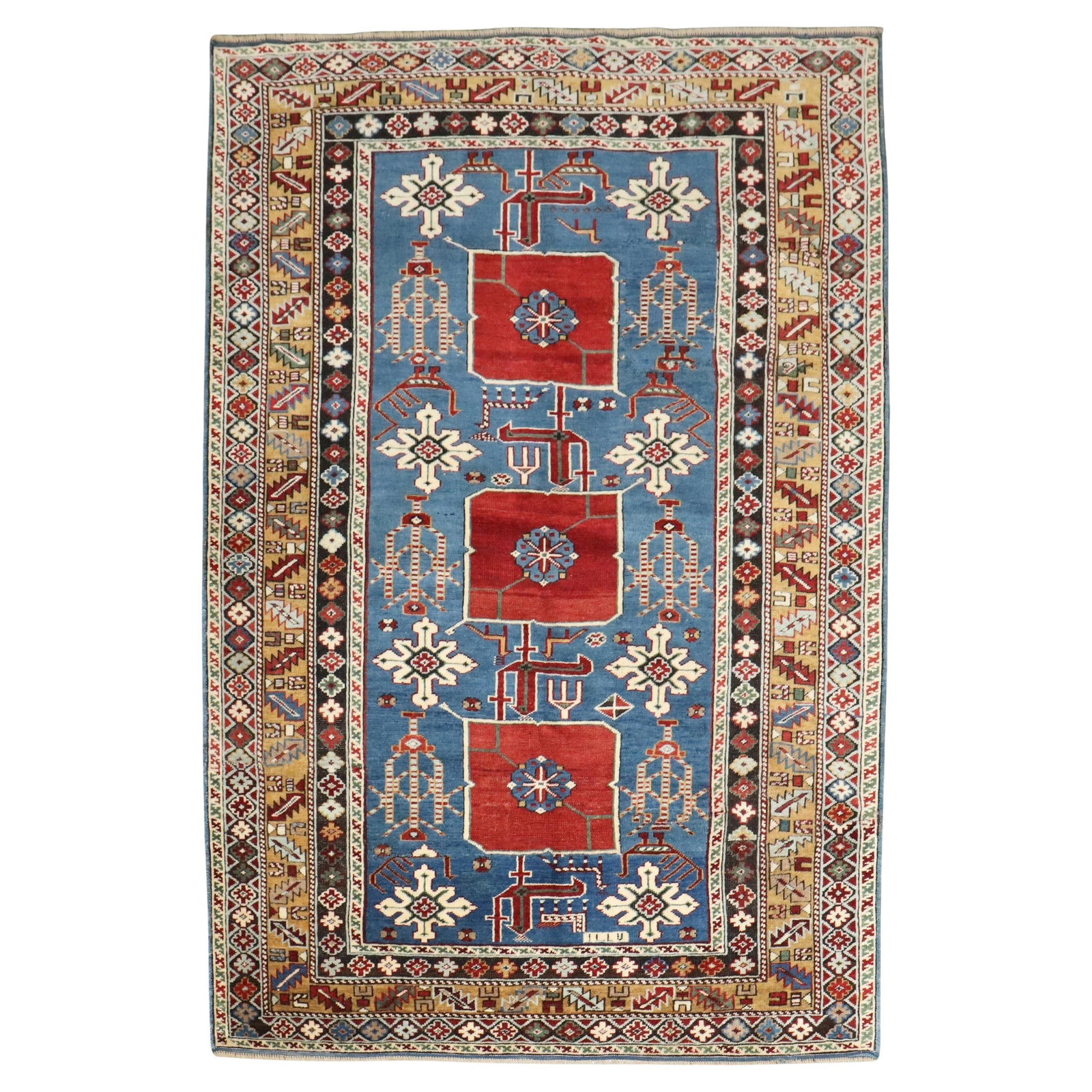 19th Century Blue Karaghashli Kazak Hand-Knotted Wool Rug 44 x 57: 19th Century Blue Karaghashli Kazak Hand-Knotted Wool Rug 44 x 57 Discover the exquisite beauty of this late 19th-century Caucasian blue Karaghashli rug, a stunning example of traditional Kazak crafts