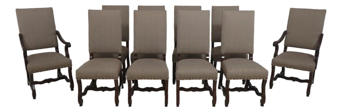 Ten French Style Walnut Dining Chairs with Upholstered Seats and Scroll Arms Set of 10: Ten French Style Walnut Dining Chairs with Upholstered Seats and Scroll Arms Set of 10 This set includes 10 Continental style dining chairs featuring hand-carved legs, French-inspired walnut finish fr
