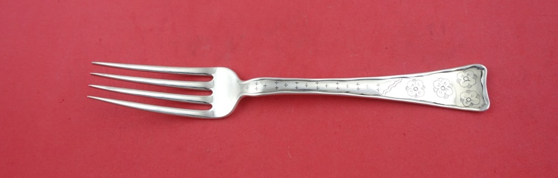 Tiffany Sterling Silver 8" Lap Over Edge Engraved Dinner Fork with Flowers: Tiffany Sterling Silver 8" Lap Over Edge Engraved Dinner Fork with Flowers This exquisite 8" dinner fork is a stunning representation of the Lap Over Edge Hand Engraved pattern by Tiffany & Co. Crafte