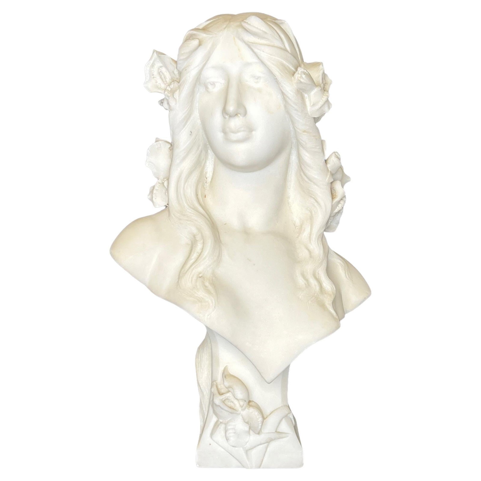 Hand-Carved Marble Sculpture Signed Proff Mattey Art Nouveau France c1880s: Hand-Carved Marble Sculpture Signed Proff Mattey Art Nouveau France c1880s This French Art Nouveau marble bust from the late 19th century depicts a female figure and showcases exquisite hand-carved cr