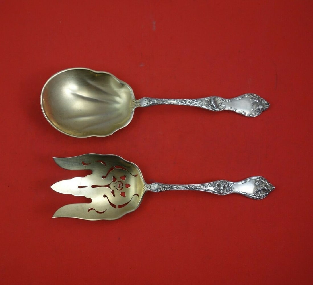 Reed and Barton Les Cinq Fleurs Gold Washed Sterling Silver Salad Set 2pc 9": Reed and Barton Les Cinq Fleurs Gold Washed Sterling Silver Salad Set 2pc 9" Presenting a stunning 2-piece salad serving set in the exquisite Les Cinq Fleurs pattern by Reed and Barton. Crafted from h