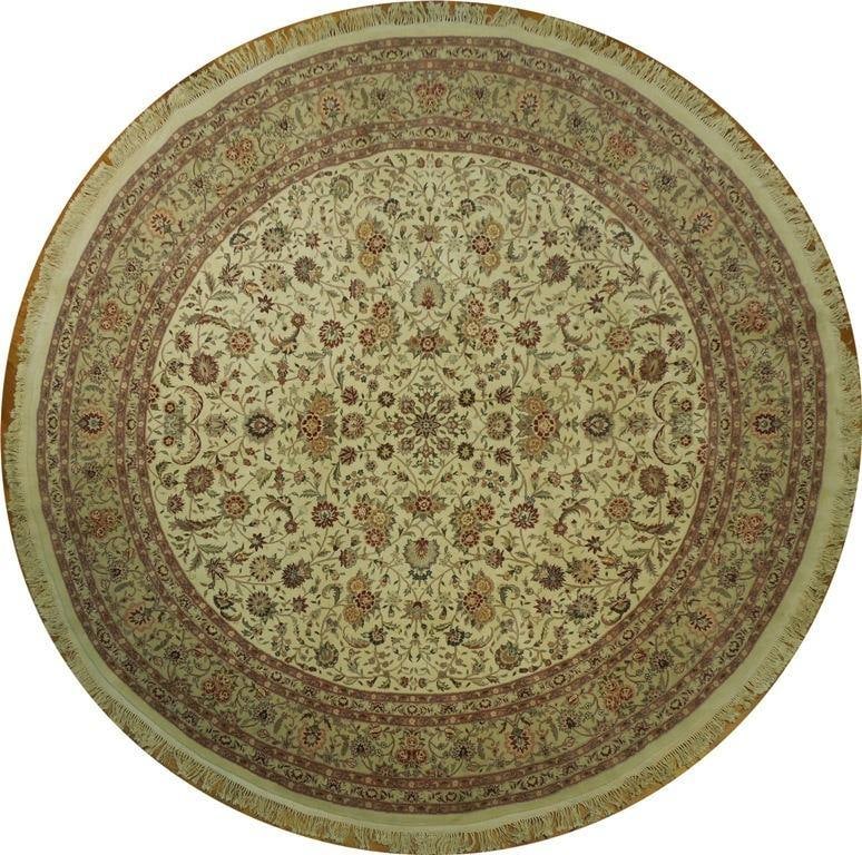 10' x 10' Round Handmade Wool and Silk 250 KPSI Rug from China: 10' x 10' Round Handmade Wool and Silk 250 KPSI Rug from China Free continental US Shipping This round handmade rug measures 10 feet by 10 feet and is crafted from a fine blend of wool and silk. Featu