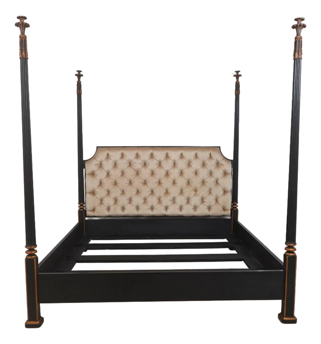 King Poster Bed With Tufted Upholstered Headboard by Nancy Corzine: King Poster Bed With Tufted Upholstered Headboard by Nancy Corzine This king-size poster bed, designed by Nancy Corzine, features a black wood finish with gold highlights and ornate finial tops. The b
