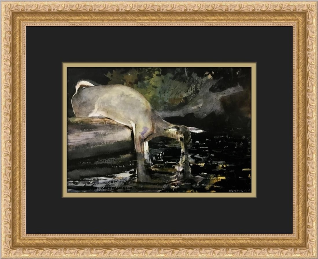 Winslow Homer Deer Drinking Custom Framed Art Print 12x15: Winslow Homer Deer Drinking Custom Framed Art Print 12x15 This custom framed print titled "Deer Drinking" by Winslow Homer captures the serene beauty of nature in a medium landscape orientation. Creat