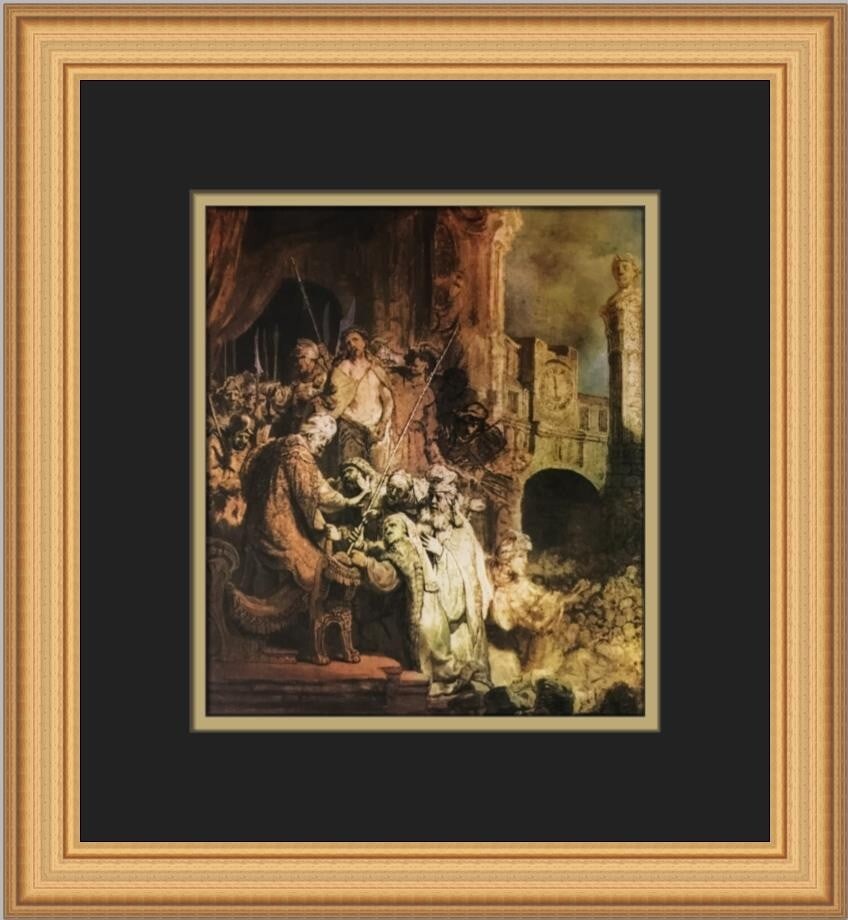 Rembrandt Christ Before Oilate Custom Framed Print in Gold Frame: Rembrandt Christ Before Oilate Custom Framed Print in Gold Frame This stunning custom framed print features Rembrandt van Rijn's renowned artwork, 'Christ Before Oilate.' The piece showcases exception