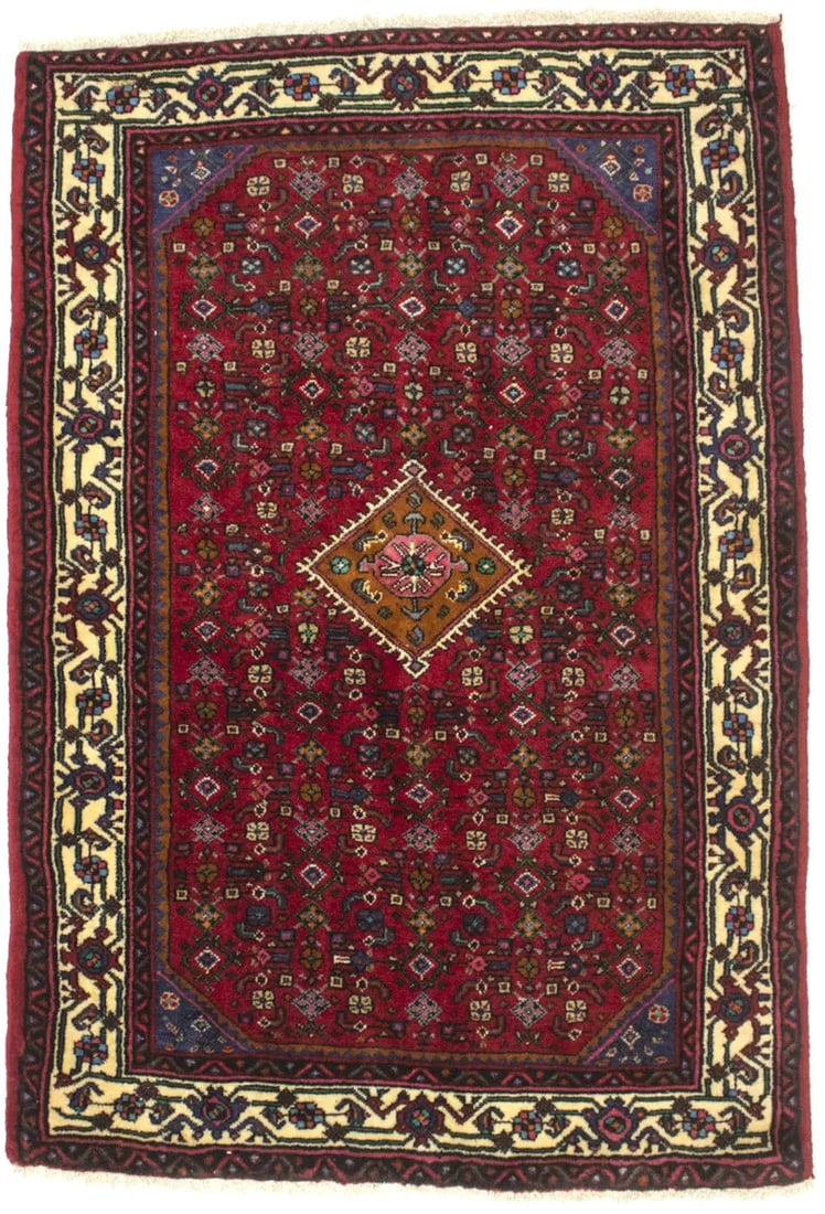 Hand-Knotted Wool Area Rug Red Tribal Floral Pattern 3'4 x 4'11: Hand-Knotted Wool Area Rug Red Tribal Floral Pattern 3'4 x 4'11 This handmade vintage oriental rug features a striking red tribal floral design, crafted from high-quality wool. The rug is hand-knotted