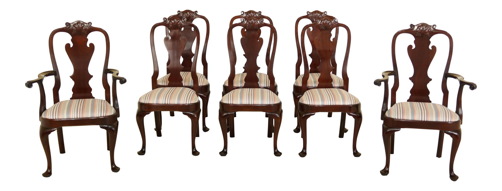 Set of 8 Stickley Mahogany Philadelphia Queen Anne Dining Chairs: Set of 8 Stickley Mahogany Philadelphia Queen Anne Dining Chairs This exquisite set of 8 Stickley dining room chairs features a classic Philadelphia Queen Anne style, crafted from solid mahogany. With