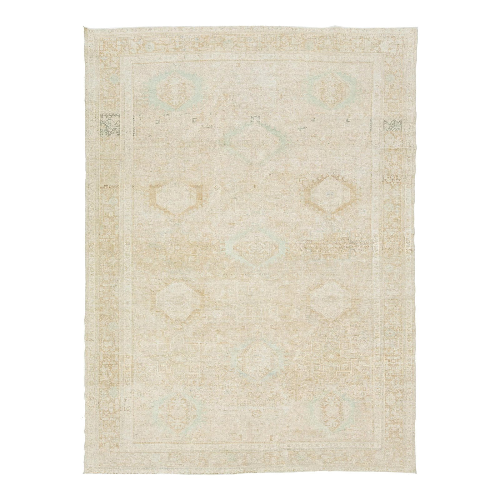 1920s Antique Persian Heriz Wool Rug Beige Green Design 8' x 10'10: 1920s Antique Persian Heriz Wool Rug Beige Green Design 8' x 10'10 This exquisite 1920s antique Persian Heriz rug features a captivating green allover design that beautifully complements its luxurious