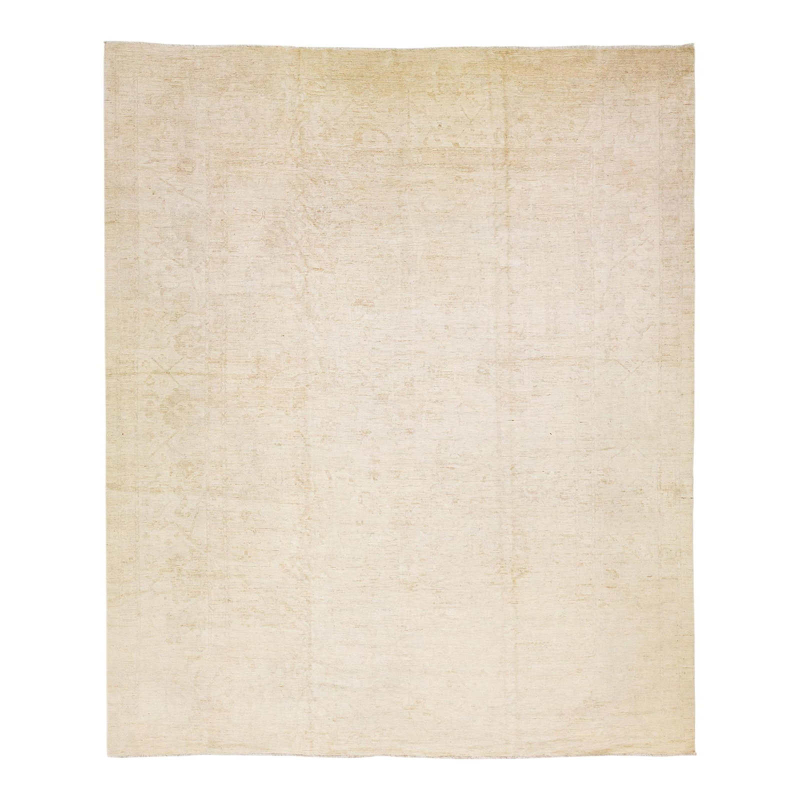 Room Size Modern Oushak Wool Rug 12'2 x 14'5 Beige Floral Design: Room Size Modern Oushak Wool Rug 12'2 x 14'5 Beige Floral Design This exquisite contemporary Oushak hand-knotted wool rug features a soft beige field adorned with a delicate, all-over floral design in