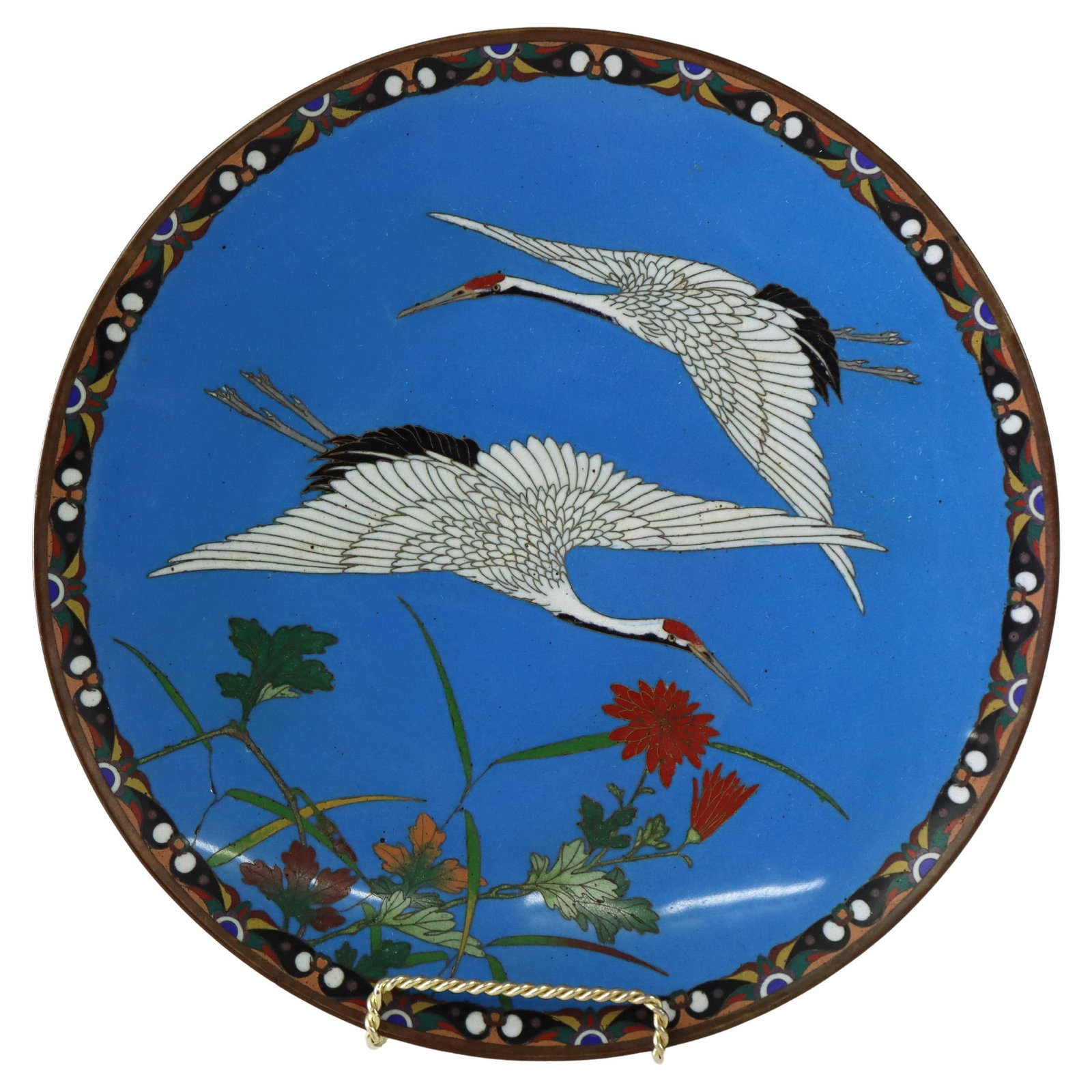 Antique Chinese Cloisonne Bird Plate 12in C1920: Antique Chinese Cloisonne Bird Plate 12in C1920 This exquisite antique Chinese cloisonne plate, dating back to circa 1920, features a stunning design of figural birds, likely cranes, beautifully set a