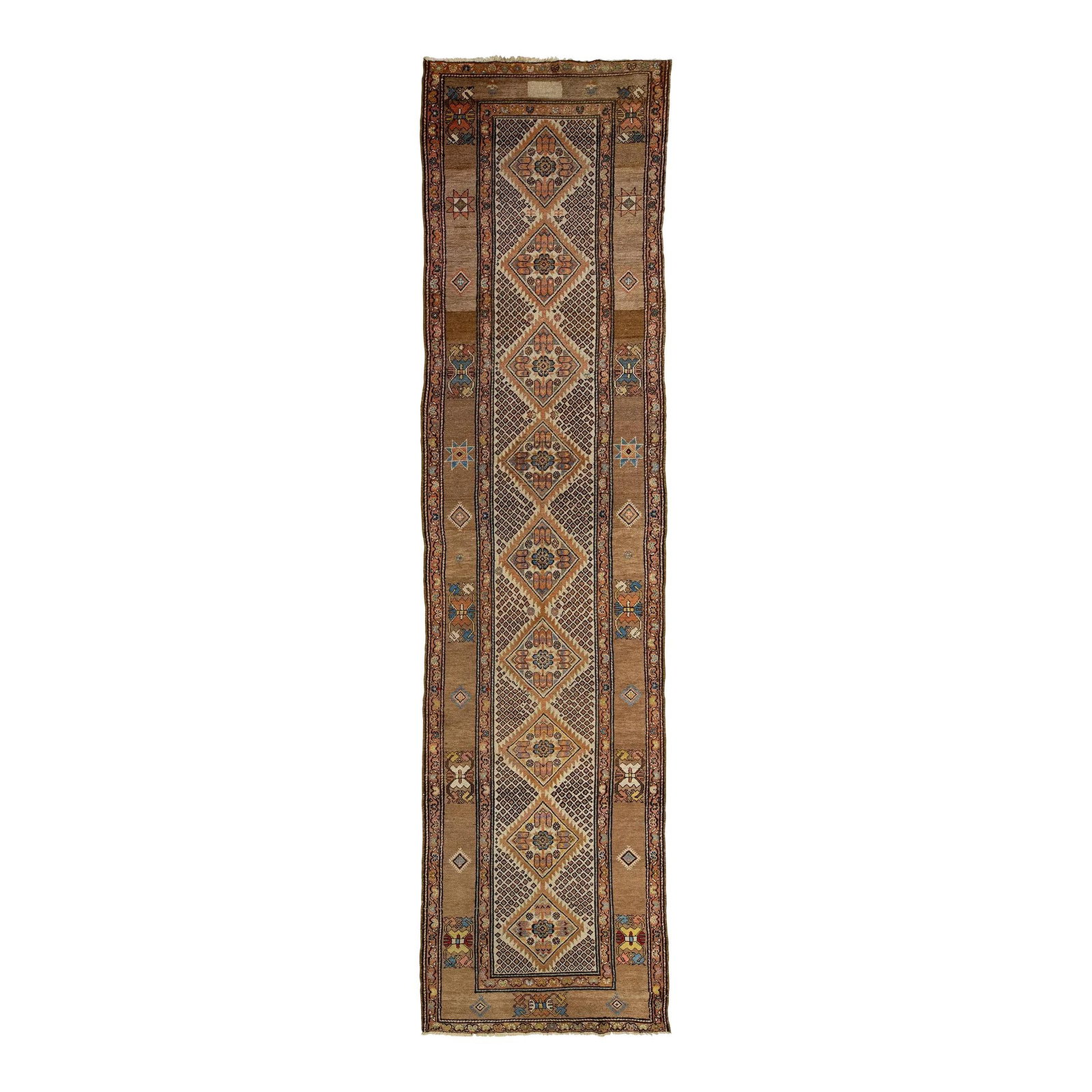 Antique Persian Malayer Wool Runner 3'9 x 14'10 Beige Tribal Design: Antique Persian Malayer Wool Runner 3'9 x 14'10 Beige Tribal Design This exquisite antique Malayer runner rug, hand-knotted from wool, features a beautiful beige field adorned with a captivating all-o
