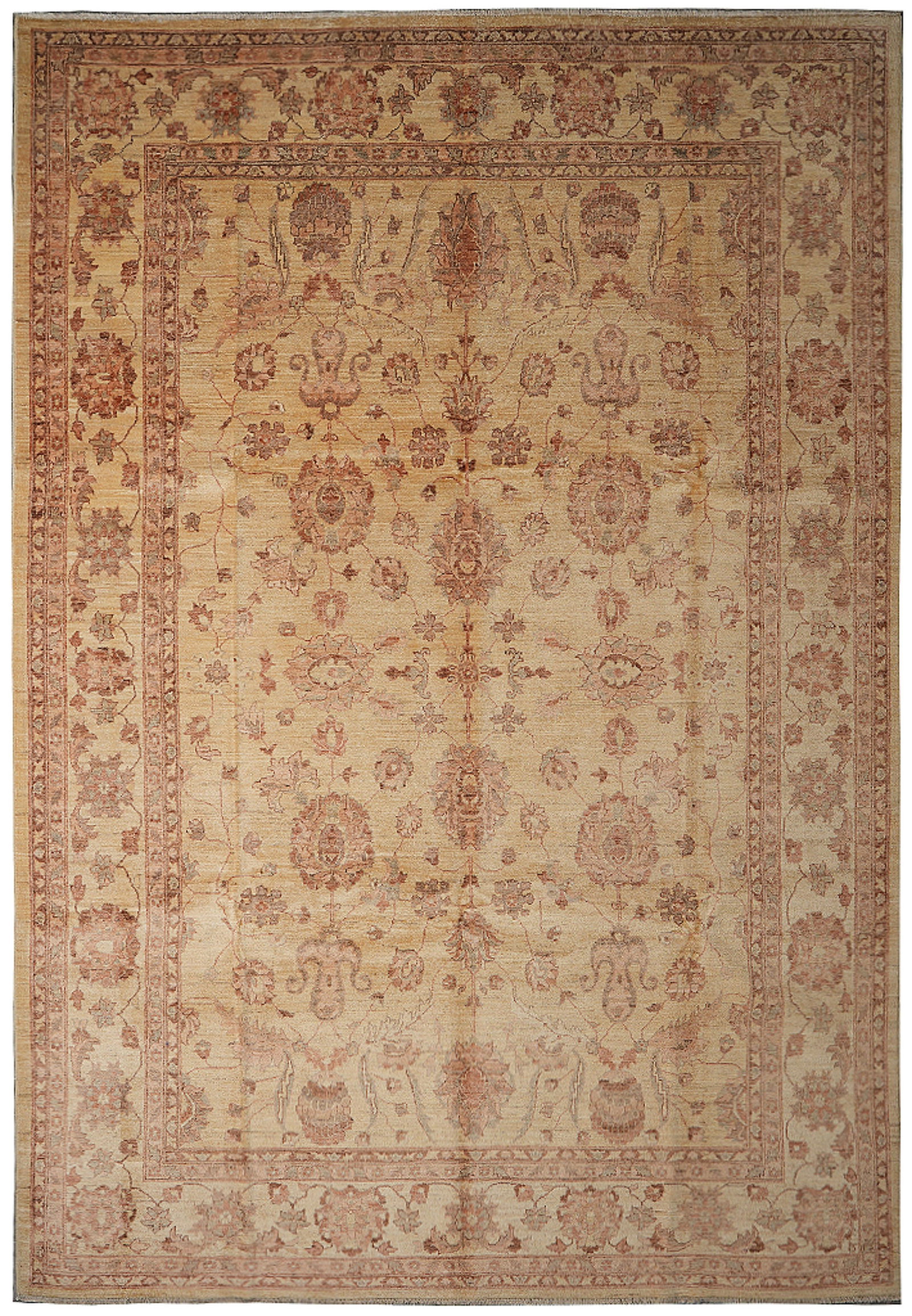 9 x 12.5 Handmade Chobi Peshawar Zigler Wool Rug Golden Beige Floral: 9 x 12.5 Handmade Chobi Peshawar Zigler Wool Rug Golden Beige Floral Free continental US Shipping This 9 x 12.5 ft Golden Handmade Chobi Peshawar Zigler rug features a hand-knotted construction by ski