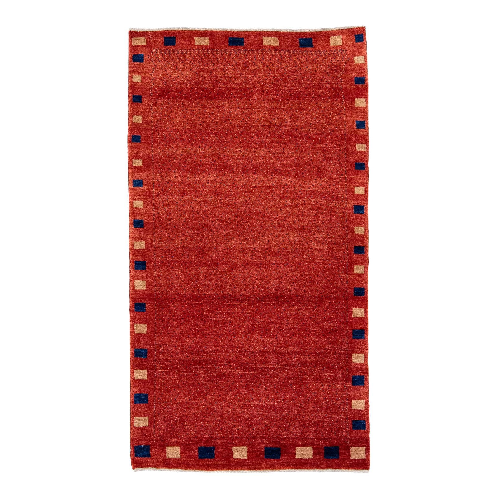 Red Gabbeh Handmade Wool Rug Minimalist Design 3'5 x 6'4: Red Gabbeh Handmade Wool Rug Minimalist Design 3'5 x 6'4 Enhance your space with this beautiful modern Gabbeh hand-knotted wool rug featuring a striking red field. Accented with elegant beige and blue