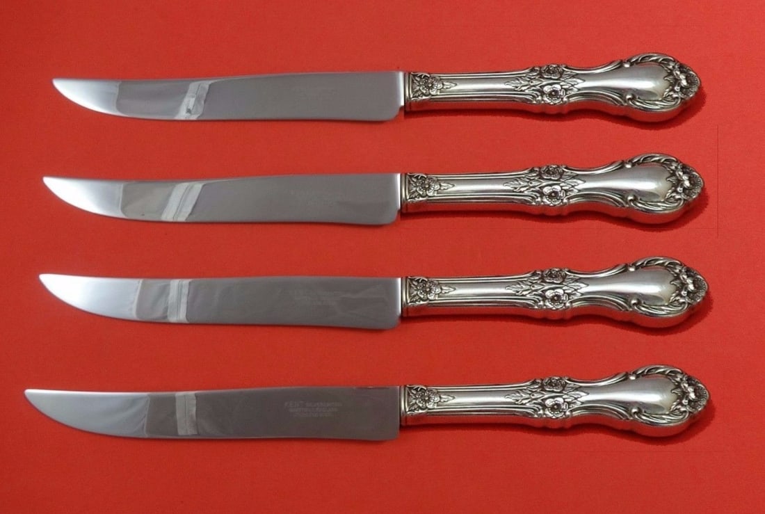 Wild Rose International Sterling Silver 4-Piece Steak Knife Set Texas Size: Wild Rose International Sterling Silver 4-Piece Steak Knife Set Texas Size Elevate your dining experience with this stunning Wild Rose by International Sterling Silver Steak Knife Set. Crafted from st