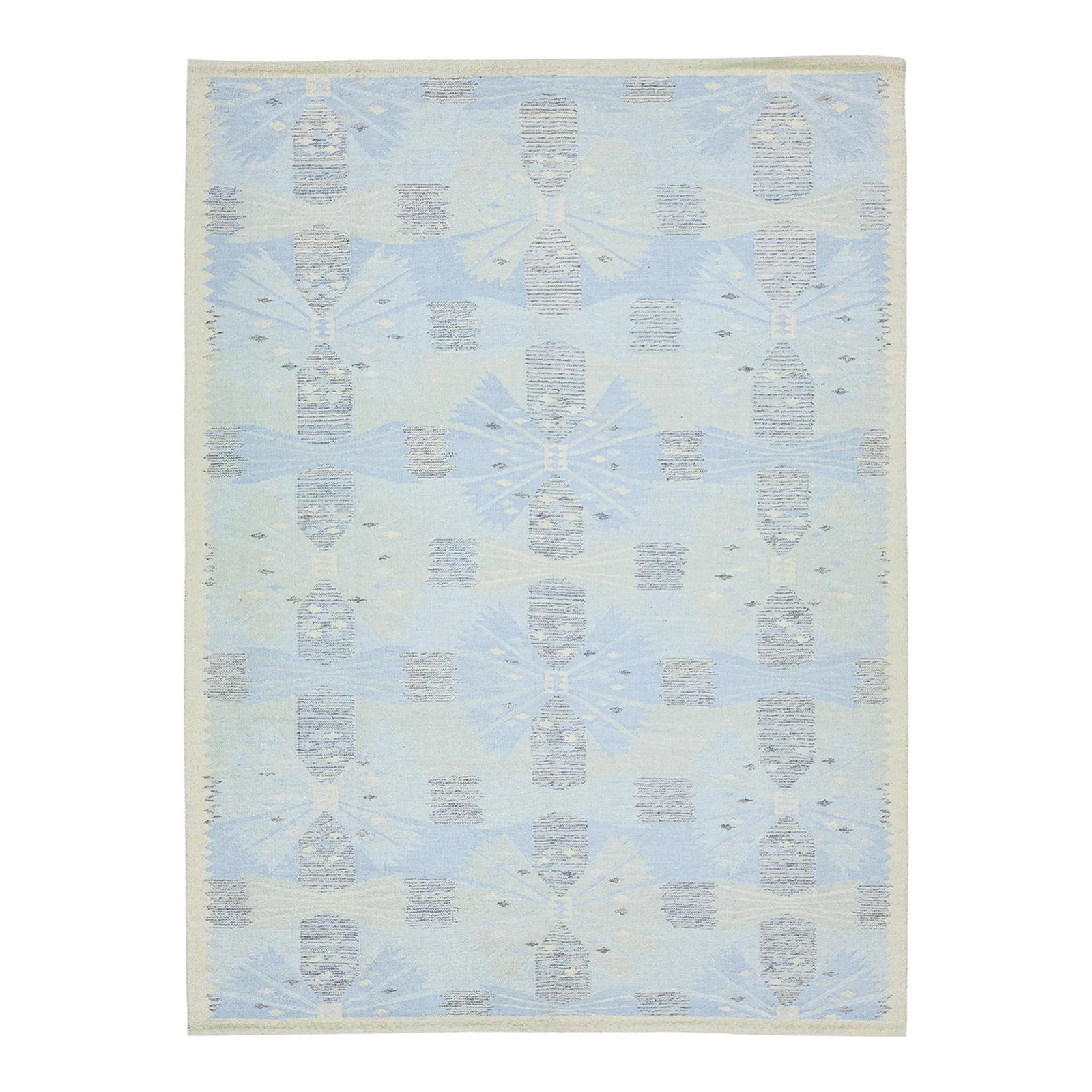 Handmade Swedish Wool Silk Rug 9' x 12'2' Light Blue Design: Handmade Swedish Wool Silk Rug 9' x 12'2' Light Blue Design Enhance your space with this exquisite handmade Swedish-style rug, featuring a chic contemporary design. Crafted from a blend of wool and si