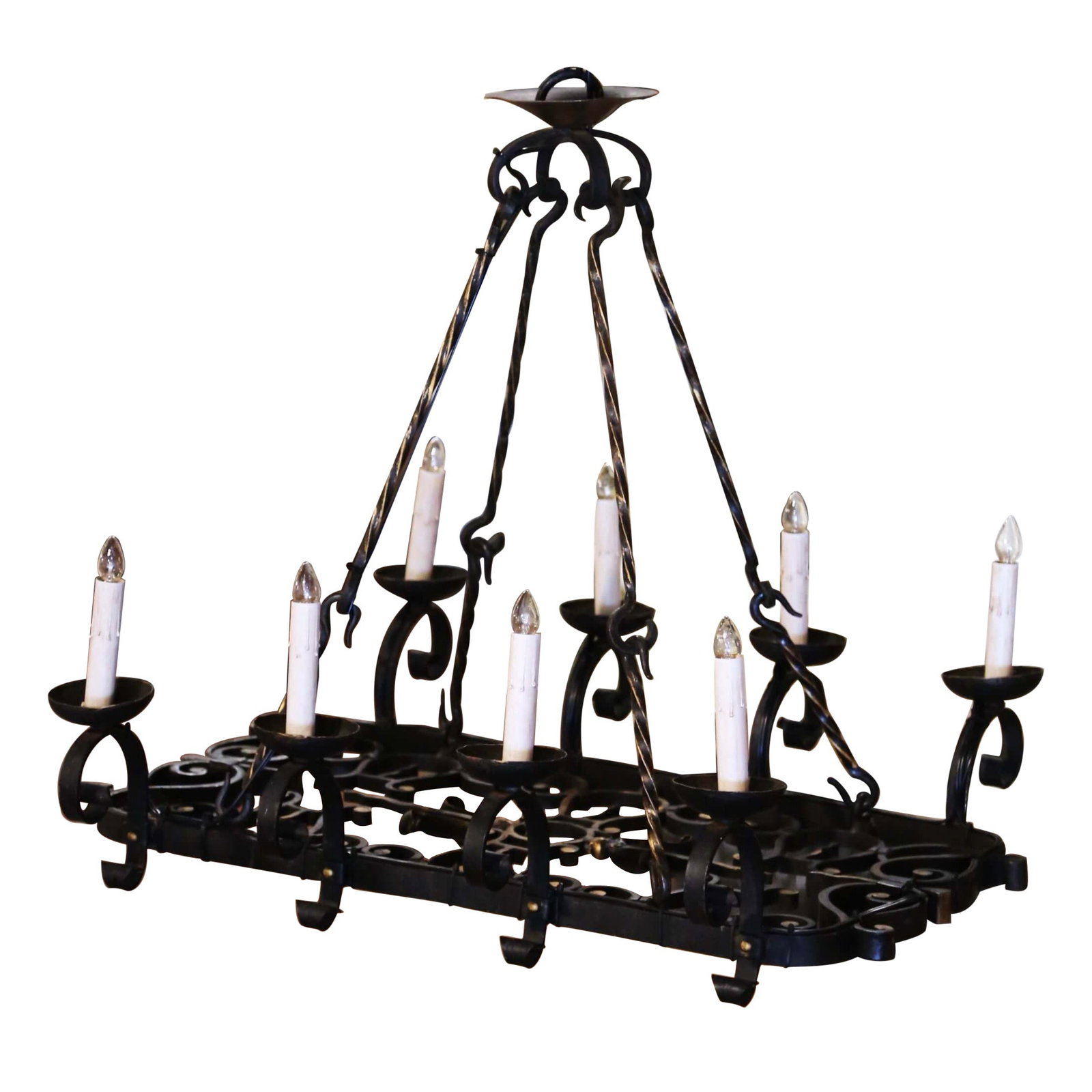 19th Century French Gothic Iron Eight-Light Chandelier Verdigris Finish: 19th Century French Gothic Iron Eight-Light Chandelier Verdigris Finish Illuminate your space with this stunning 19th Century French Gothic chandelier, a remarkable example of late 19th-century crafts