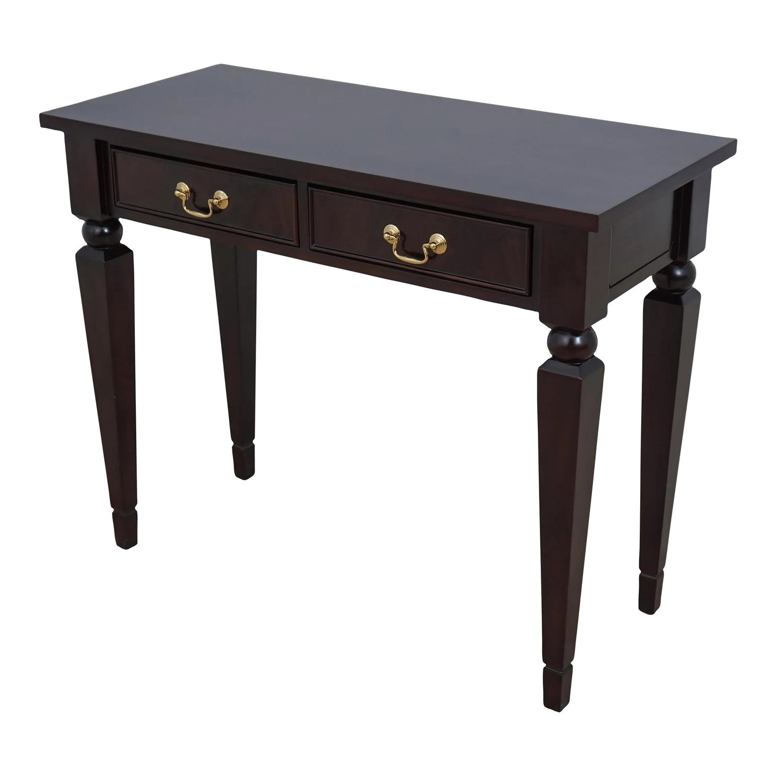 Frontgate Neoclassical 2 Drawer Mahogany Console Table with Brass Hardware: Frontgate Neoclassical 2 Drawer Mahogany Console Table with Brass Hardware This exquisite neoclassical console table boasts a stunning figural mahogany top and features two dovetailed drawers for ampl