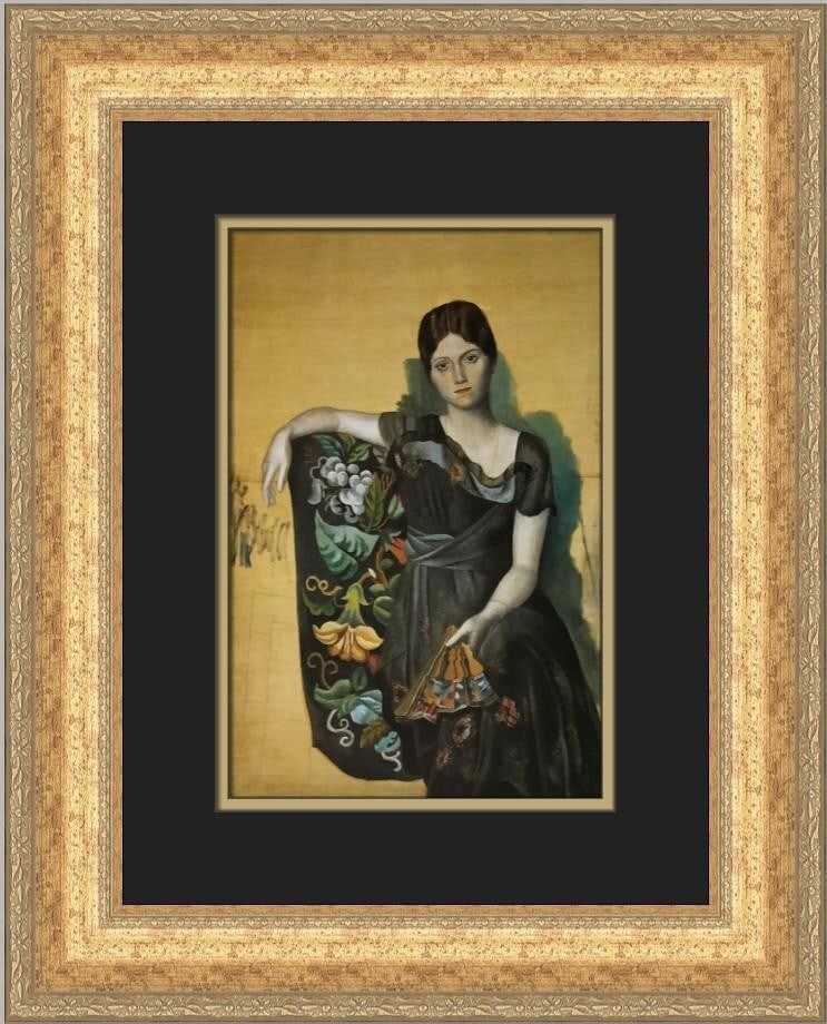Pablo Picasso Portrait of Olga Custom Framed Print 19x16: Pablo Picasso Portrait of Olga Custom Framed Print 19x16 Presenting an exquisite custom framed print of Pablo Picasso's "Portrait of Olga in an Armchair." This medium-sized artwork measures 19 in heig