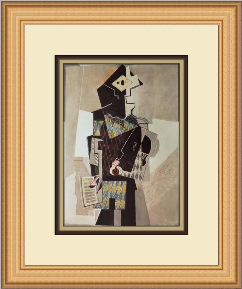 Pablo Picasso Harlequin with Violin Custom Framed Art Print: Pablo Picasso Harlequin with Violin Custom Framed Art Print This stunning custom framed print features Pablo Picasso's iconic artwork, "Harlequin with Violin." The piece is a beautiful representation