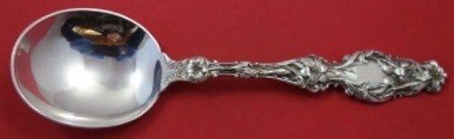 Whiting Lily Sterling Silver Gumbo Soup Spoon 6 3/4 Inches Monogrammed: Whiting Lily Sterling Silver Gumbo Soup Spoon 6 3/4 Inches Monogrammed This exquisite gumbo soup spoon from the Lily pattern by Whiting is a classic piece of sterling silverware, measuring 6 3/4 inche