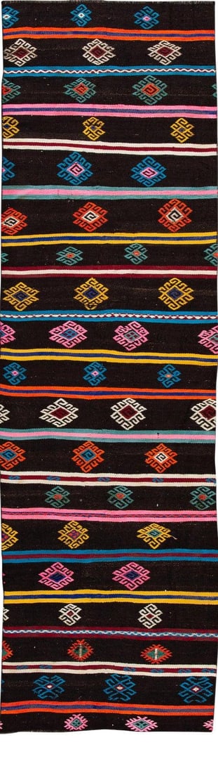 Vintage Kilim Wool Runner with Multi-Color Motif 2'10 x 10'2: Vintage Kilim Wool Runner with Multi-Color Motif 2'10 x 10'2 Enhance your living space with this exquisite vintage Kilim wool runner, showcasing a captivating multi-color motif and intricate details.