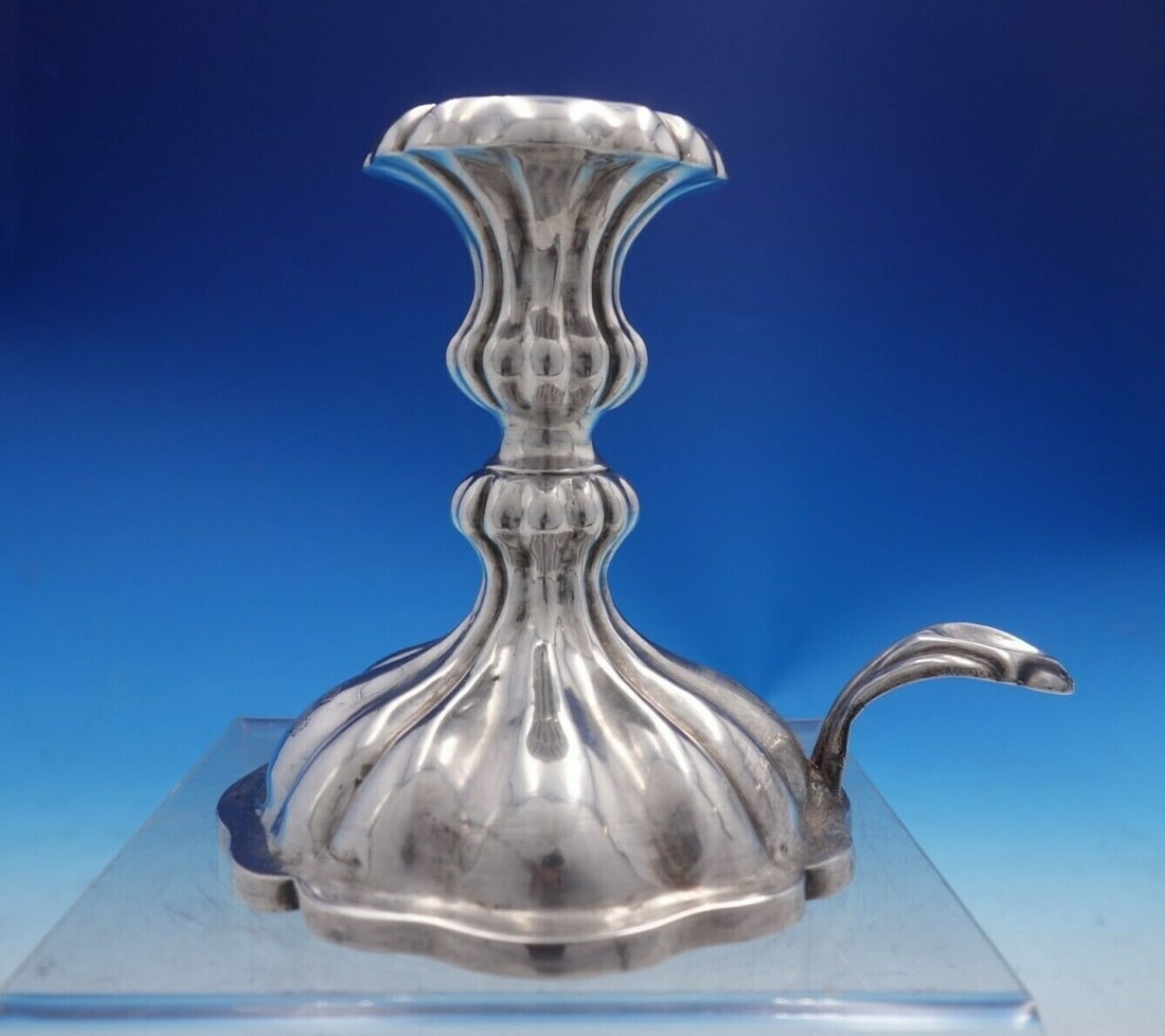 Austrian .800 Silver Handwrought Chamber Stick Candlestick Monogrammed: Austrian .800 Silver Handwrought Chamber Stick Candlestick Monogrammed This exquisite Austrian .800 silver chamber stick features a handwrought design, showcasing the craftsmanship typical of its orig