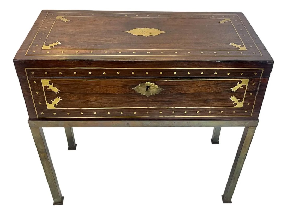 Antique English Walnut Travel Lap Desk with Brass Stand: Antique English Walnut Travel Lap Desk with Brass Stand Discover this exquisite English Colonial Walnut Travel Lap Desk, featuring a sturdy brass stand. Crafted in the late 19th century, this desk sho