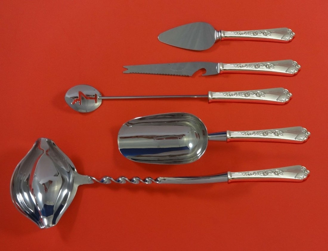 Wallace Sterling Silver 5pc Cocktail Party Bar Set Custom Made: Wallace Sterling Silver 5pc Cocktail Party Bar Set Custom Made Elevate your cocktail parties with this exquisite 5-piece Sterling Silver Cocktail Party Bar Set by Wallace, crafted from sterling silver