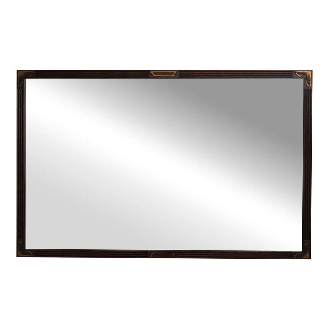 Large Mid Century Wall Mirror in Walnut with Brass Detail by John Stuart: Large Mid Century Wall Mirror in Walnut with Brass Detail by John Stuart This mid-century modern hanging wall mirror features a high-quality walnut construction with brass accents, reflecting the refi