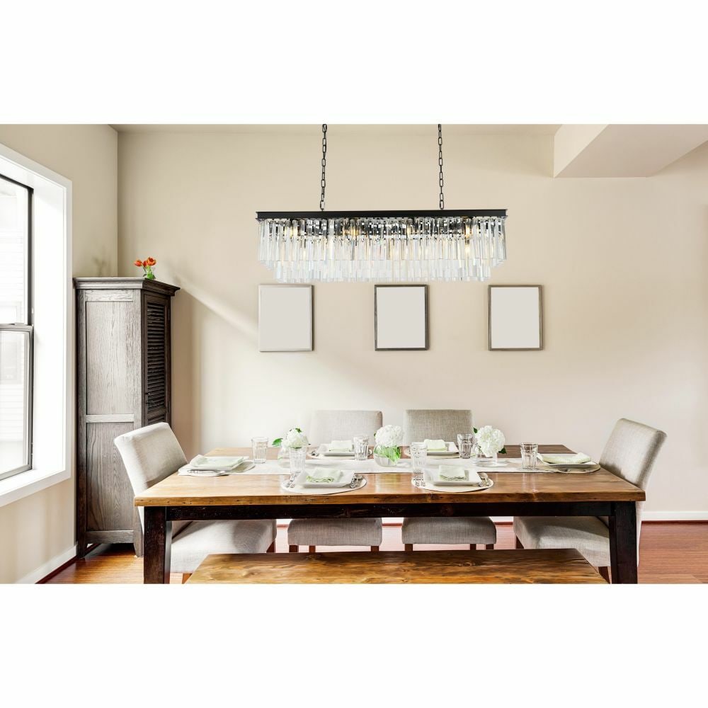 Sydney 12 Light Matte Black Crystal Chandelier 50 Inch Modern Rectangle Fixture: Sydney 12 Light Matte Black Crystal Chandelier 50 Inch Modern Rectangle Fixture This modern crystal chandelier features a matte black frame and twelve lights, making it an elegant centerpiece for dini