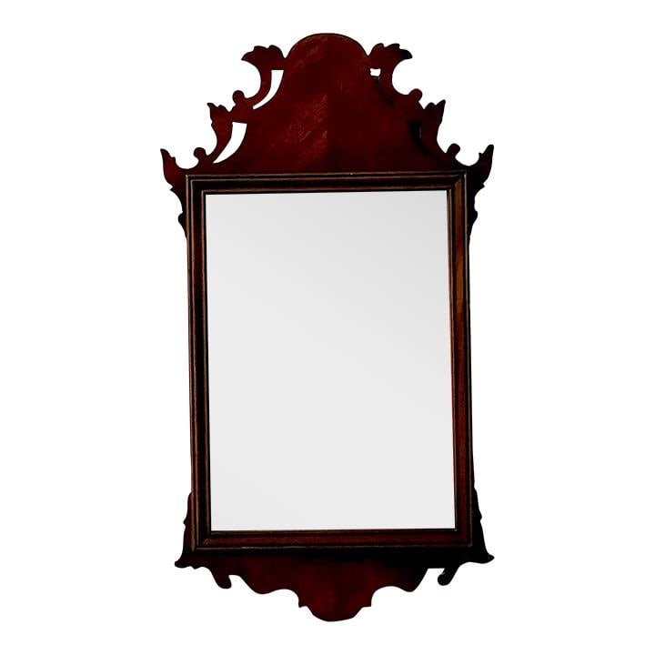 Vintage Chippendale Carved Wood Mirror in Burnt Umber Finish: Vintage Chippendale Carved Wood Mirror in Burnt Umber Finish Enhance your interior with this exquisite vintage Chippendale-style mirror. It features a beautifully carved wooden frame with intricate sc