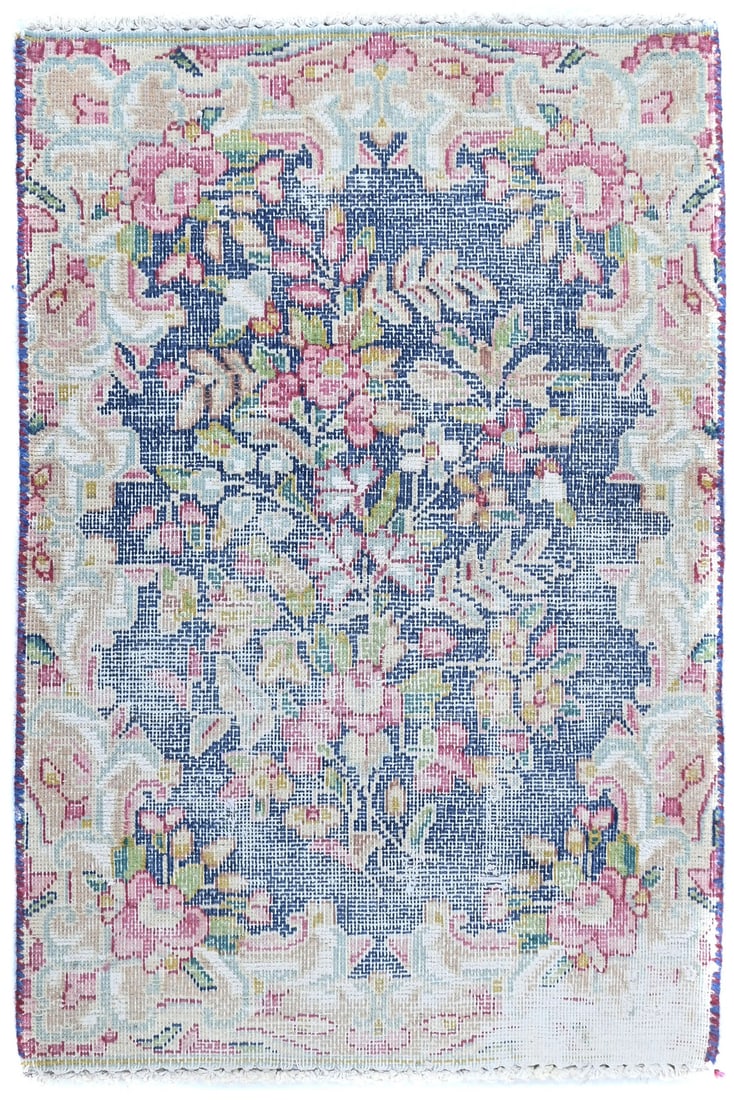 Vintage Hand-Knotted Wool Oriental Rug Floral Design 1'6 x 2'2: Vintage Hand-Knotted Wool Oriental Rug Floral Design 1'6 x 2'2 Enhance your space with this exquisite semi-antique hand-knotted Oriental rug featuring a muted floral design. Measuring 1'6" x 2'2", thi