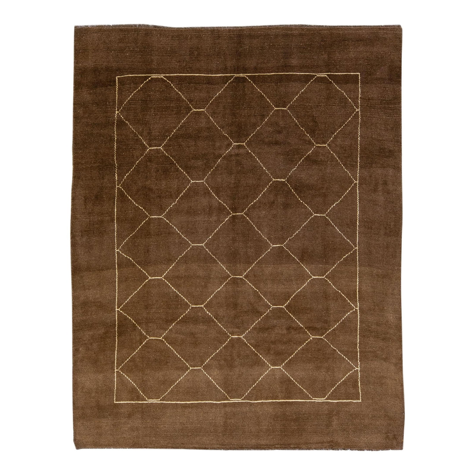 Handmade Moroccan Wool Rug Geometric Design Brown 6'9 x 8'7: Handmade Moroccan Wool Rug Geometric Design Brown 6'9 x 8'7 Enhance your space with this stunning Moroccan-style handmade wool rug from our Northwest collection. Featuring a rich brown color field com