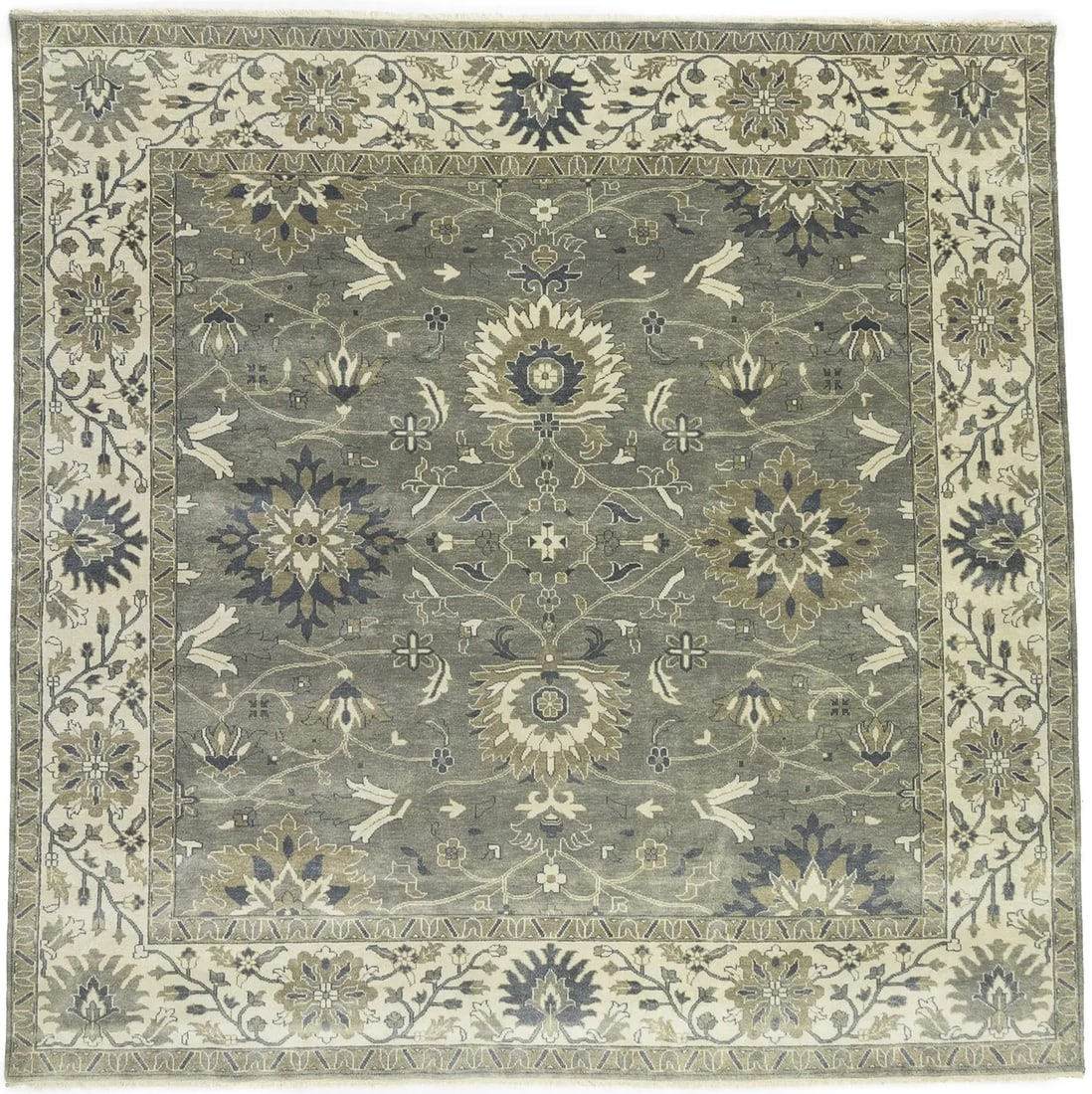 Vintage Light Grey Floral Hand-Knotted 10x10 Wool Chobi Rug: Vintage Light Grey Floral Hand-Knotted 10x10 Wool Chobi Rug Transform your space with this exquisite light grey floral Chobi rug. Measuring 10'0" x 9'11", this hand-knotted wool carpet features a vint