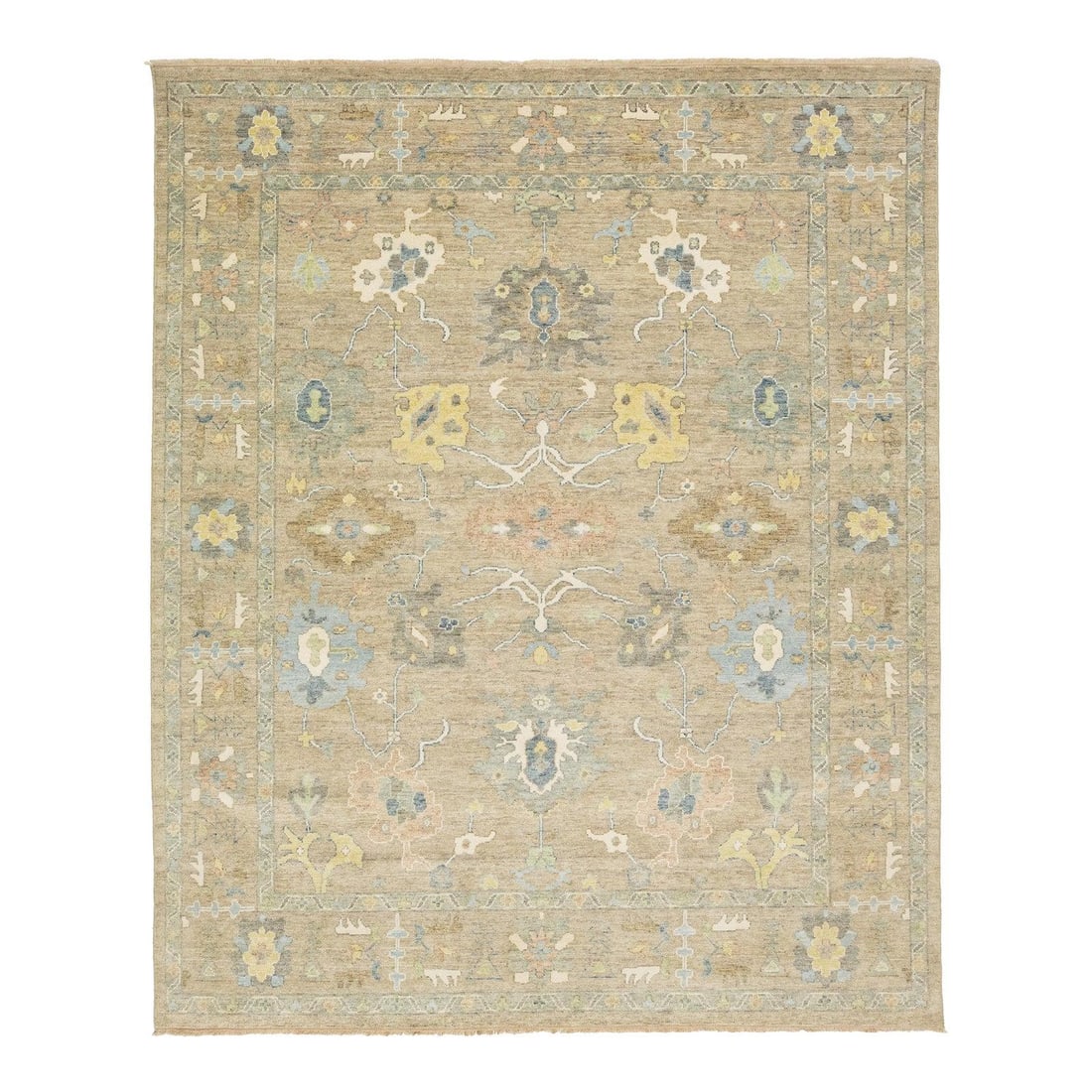 Contemporary Floral Oushak Wool Rug 8'1" x 9'9" Beige: Contemporary Floral Oushak Wool Rug 8'1" x 9'9" Beige Enhance your living space with this stunning contemporary Oushak-style wool rug. Featuring a striking tan-beige background, it showcases vibrant f