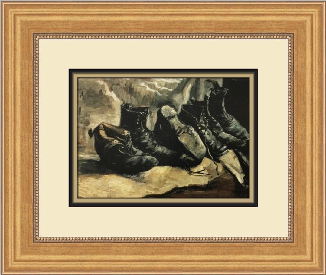 Vincent Van Gogh Three Pairs of Shoes Custom Framed Print 15 x 17: Vincent Van Gogh Three Pairs of Shoes Custom Framed Print 15 x 17 This stunning custom framed print features Vincent Van Gogh's renowned artwork titled "Three Pairs of Shoes," showcasing an exquisite