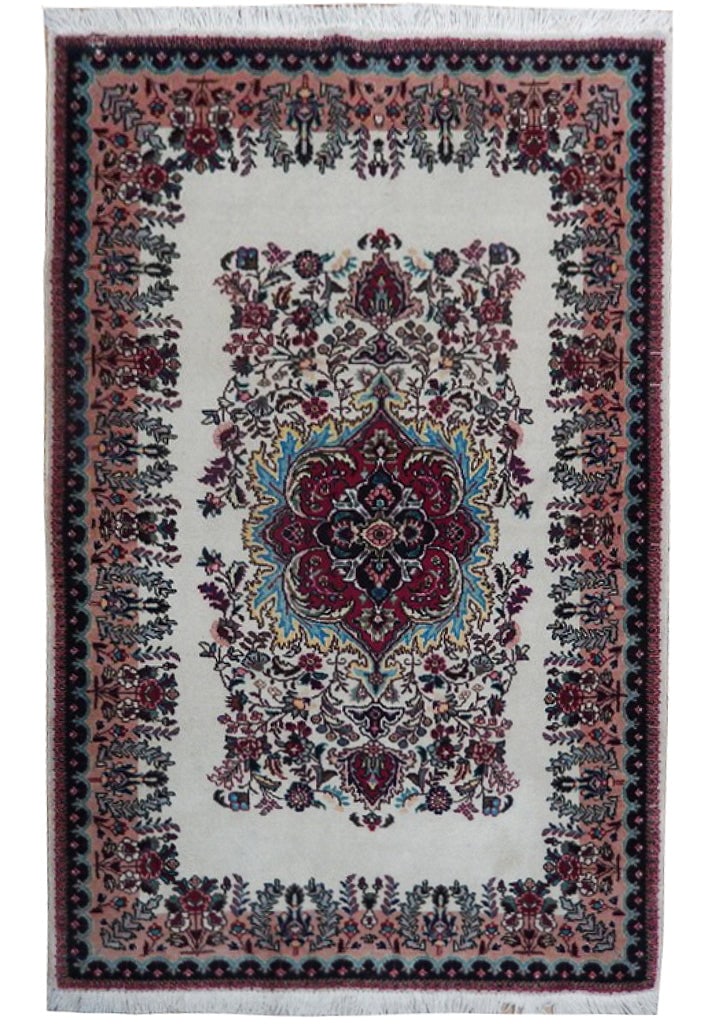 3.6 x 5.3 Persian Qom Fine Hand-Knotted Natural Wool Rug: 3.6 x 5.3 Persian Qom Fine Hand-Knotted Natural Wool Rug Free continental US Shipping This finely hand-knotted Persian Qom rug is expertly crafted from high-quality natural wool, offering a dense, sof