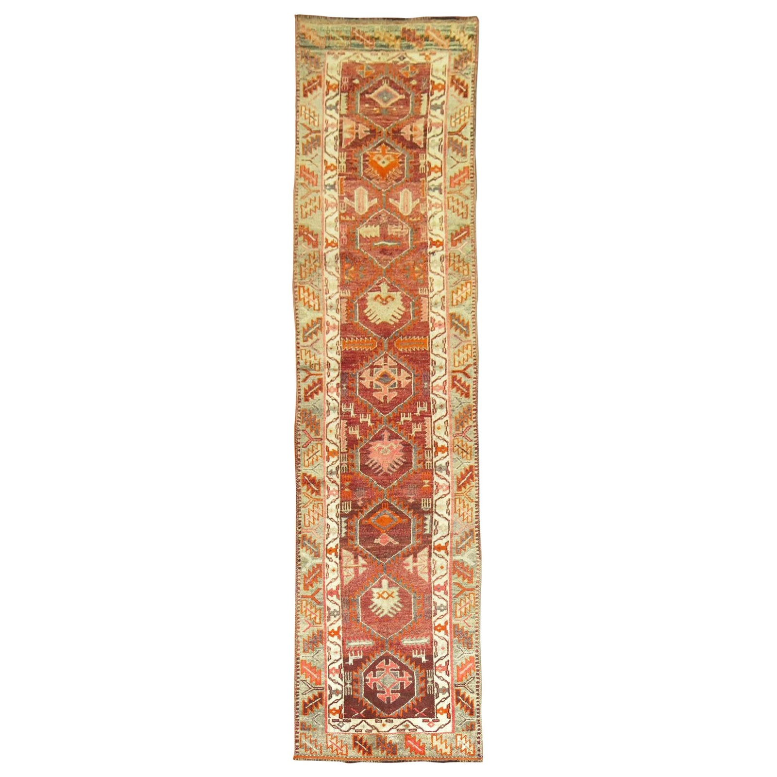 Vintage Armenian Oushak Runner Hand-Knotted Wool 35 x 165 in Geometric Design: Vintage Armenian Oushak Runner Hand-Knotted Wool 35 x 165 in Geometric Design This exquisite vintage Armenian runner showcases a stunning geometric design, rich in tones of brown, burgundy, and green.
