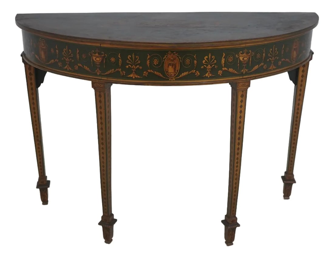 English Style Adams Painted Wood Console Table with Distressed Finish: English Style Adams Painted Wood Console Table with Distressed Finish This vintage console hall table features a classic Adams design with quality construction and an English style. It showcases a stu