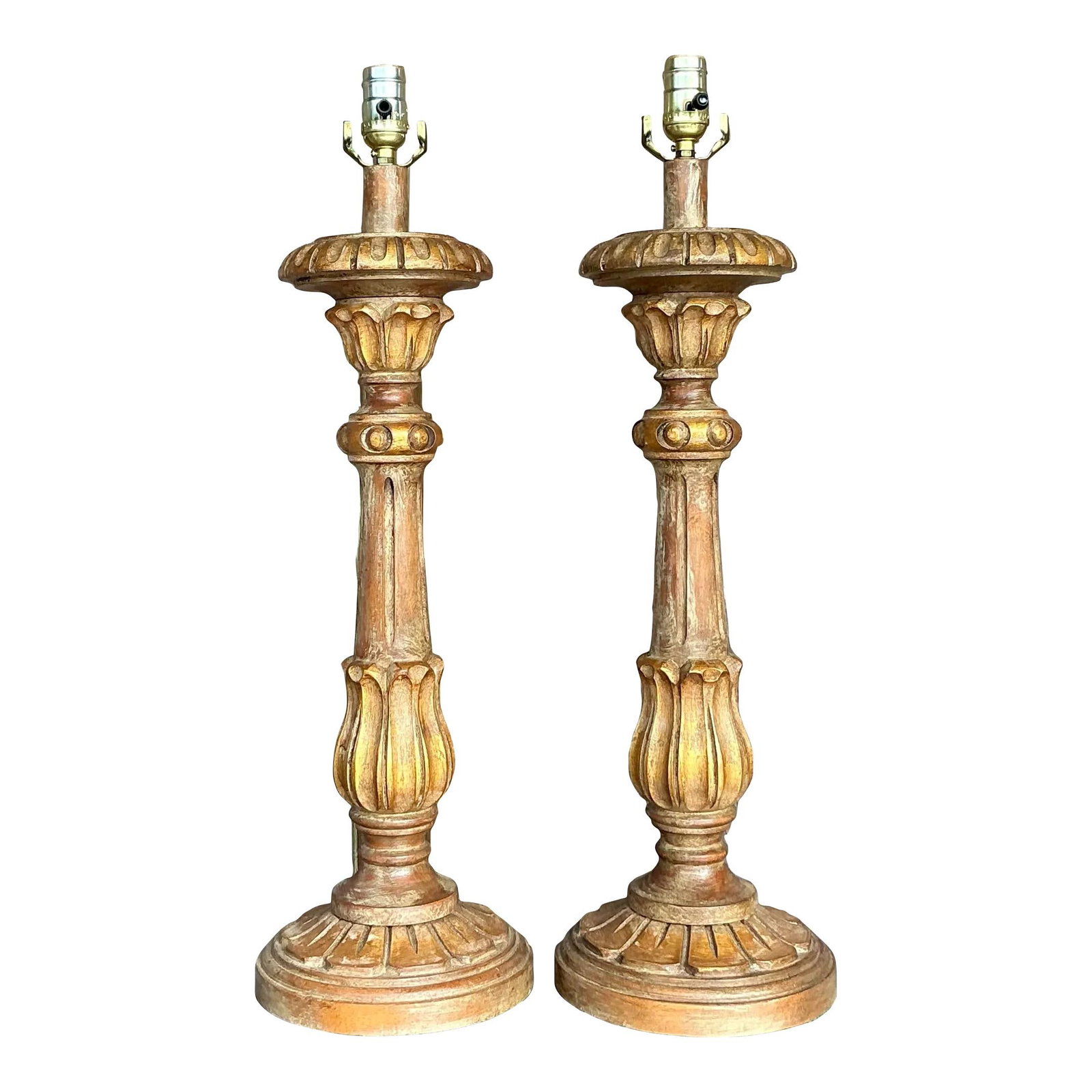 Pair of Vintage Boho Carved Wood Pricket Lamps: Pair of Vintage Boho Carved Wood Pricket Lamps Enhance your home decor with this exquisite pair of vintage boho carved wood pricket lamps. Each lamp features intricately carved wooden bases reminiscen