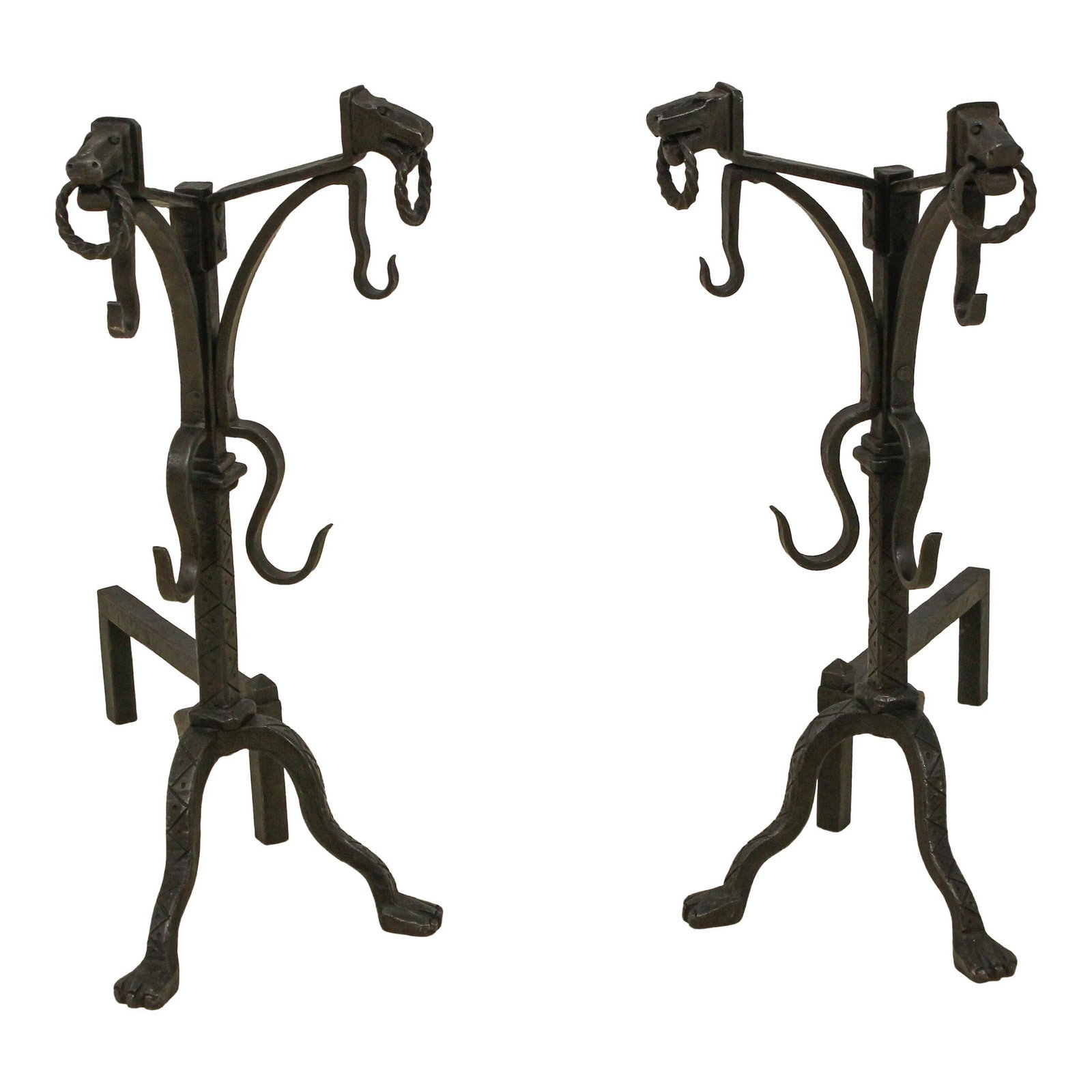 Arts & Crafts Horse Head Iron Andirons Pair 12 x 24 x 26: Arts & Crafts Horse Head Iron Andirons Pair 12 x 24 x 26 Enhance your fireplace with this exquisite pair of Arts & Crafts style horse head forged iron andirons. Crafted with heavy iron, these andirons