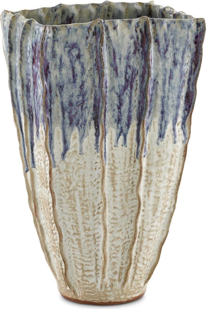 Currey Sea Horizon Fluted Ceramic Vase Blue Purple Drip 20H: Currey Sea Horizon Fluted Ceramic Vase Blue Purple Drip 20H This stunning ceramic fluted vase features a captivating design that beautifully enhances any space. Crafted from high-quality ceramic, it s