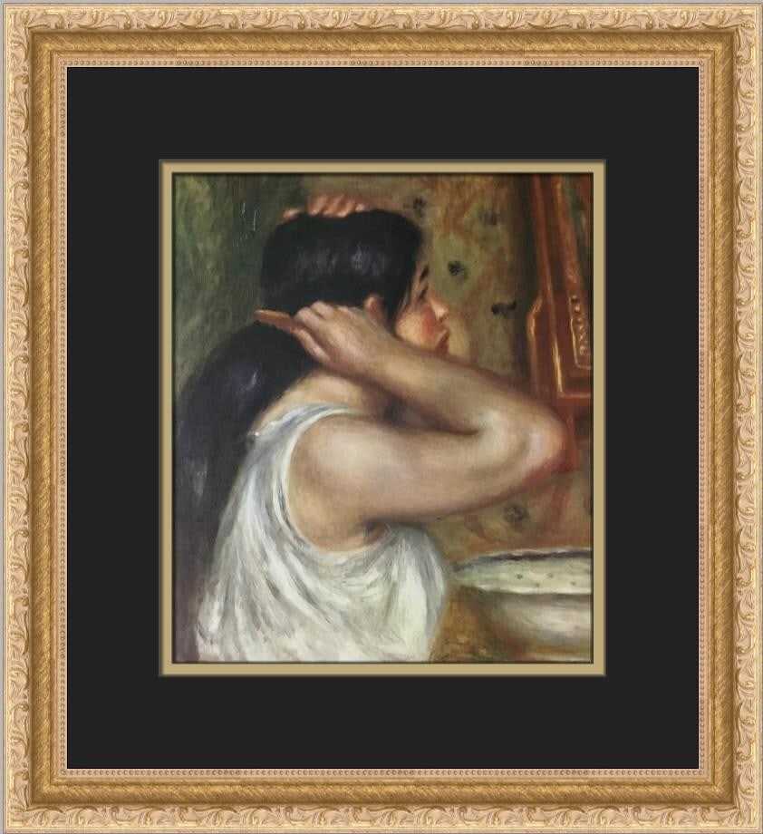 Pierre-Auguste Renoir Portrait Of A Woman Combing Her Hair Custom Framed Art Print: Pierre-Auguste Renoir Portrait Of A Woman Combing Her Hair Custom Framed Art Print This exquisite custom framed print features Pierre-Auguste Renoir's captivating artwork titled "Portrait Of A Woman C