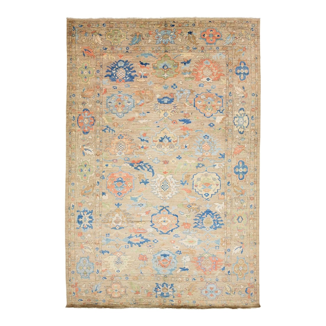 Large 12x18 Modern Oushak Wool Rug in Sand and Earth Tones Hand-Knotted: Large 12x18 Modern Oushak Wool Rug in Sand and Earth Tones Hand-Knotted This hand-knotted Oushak style rug is crafted from high-quality wool and features a neutral sand-toned field accented by oversiz