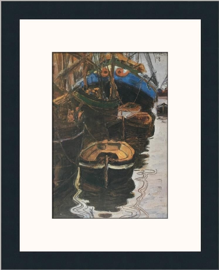 Egon Schiele Boats in a Harbor Custom Framed Offset Lithograph Print: Egon Schiele Boats in a Harbor Custom Framed Offset Lithograph Print This stunning custom framed print, titled "Boats in a Harbor" by artist Egon Schiele, showcases a surrealistic interpretation of ma
