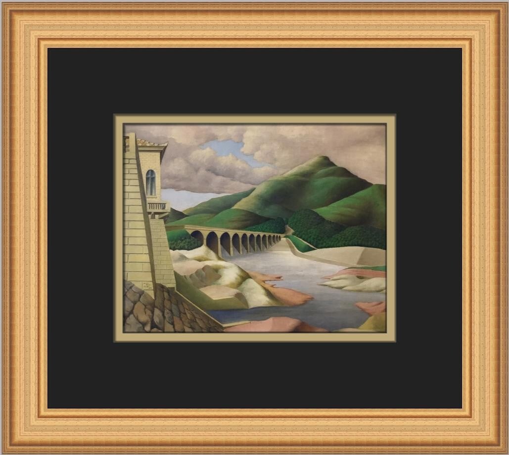 Arnold Wiltz Ashokan Dam Custom Framed Art Print 12 x 13: Arnold Wiltz Ashokan Dam Custom Framed Art Print 12 x 13 This stunning custom framed print titled "Ashokan Dam" by artist Arnold Wiltz showcases a captivating blend of contemporary art styles, includi
