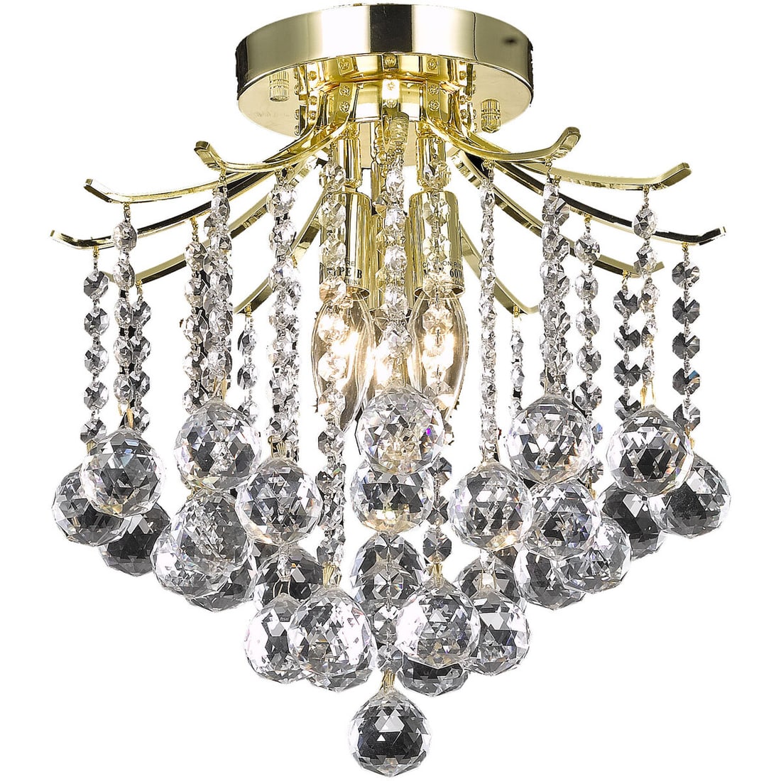 Amelia 12 Inch Gold Ceiling Chandelier With Royal Cut Crystal 3 Light Flush Mount: Amelia 12 Inch Gold Ceiling Chandelier With Royal Cut Crystal 3 Light Flush Mount This modern semi-flush mount chandelier features a gold finish and is adorned with royal cut clear crystal balls. Desi