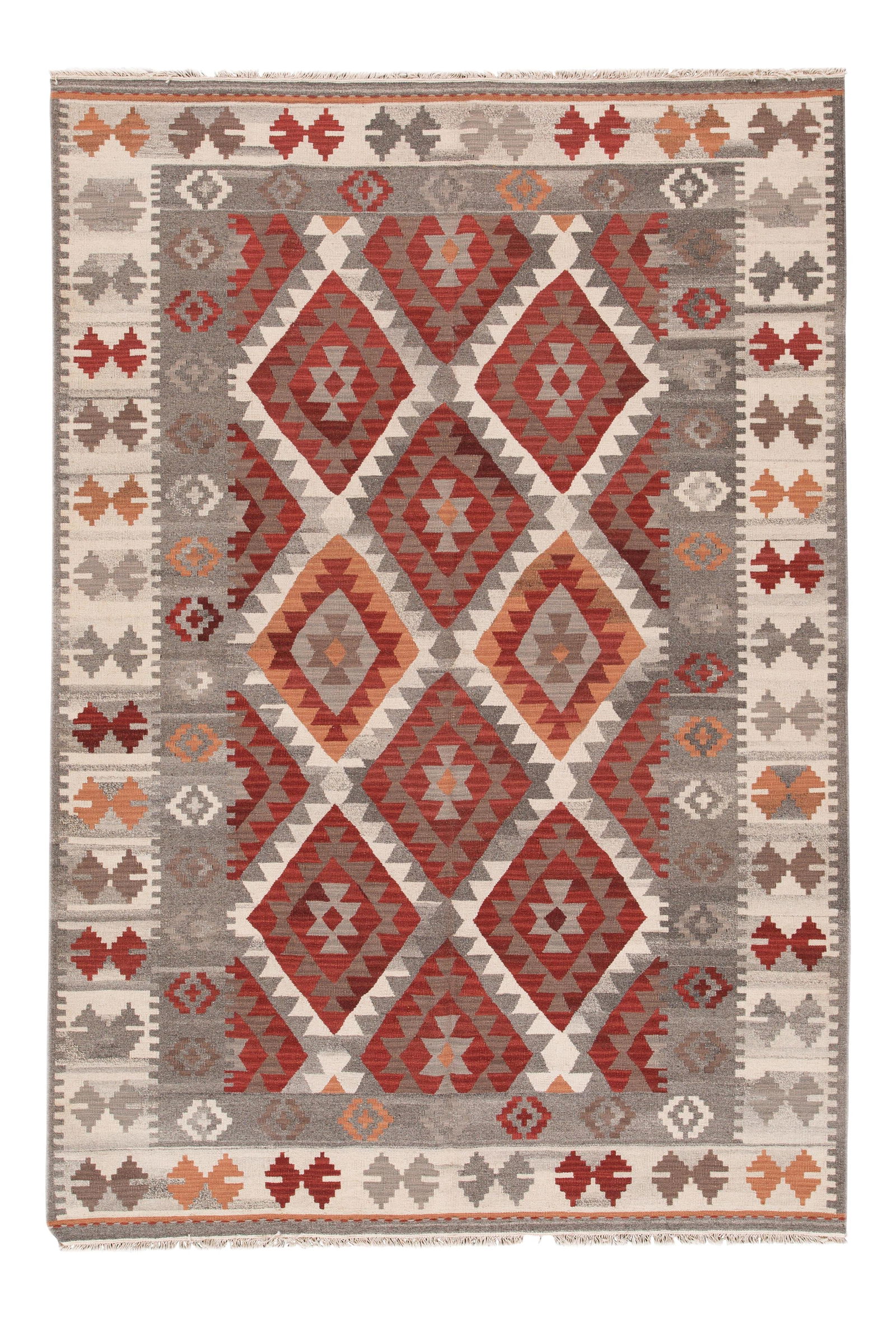 Red Geometric Modern Kilim Wool Flatweave Rug 6'4 x 10': Red Geometric Modern Kilim Wool Flatweave Rug 6'4 x 10' Enhance your living space with this stunning Modern Kilim Flatweave wool rug featuring an eye-catching allover geometric design in vibrant shade