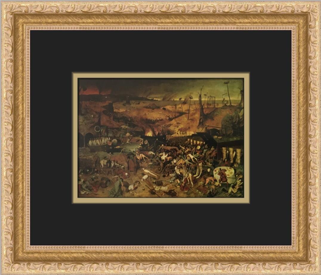 Pieter Bruegel The Triumph of Death Custom Framed Art Print: Pieter Bruegel The Triumph of Death Custom Framed Art Print This custom framed print, titled 'The Triumph of Death' by Pieter Bruegel, showcases a masterful piece of surrealist art. The print is craft
