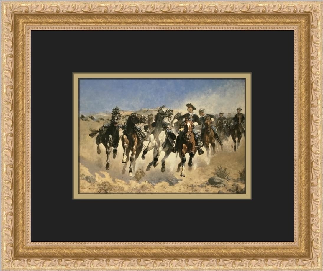 Frederic Remington The Fourth Trooper Custom Framed Print 11 x 13: Frederic Remington The Fourth Trooper Custom Framed Print 11 x 13 This stunning custom framed print titled "The Fourth Trooper Moving the Led Horses" by Frederic Remington captures a moment in Realism